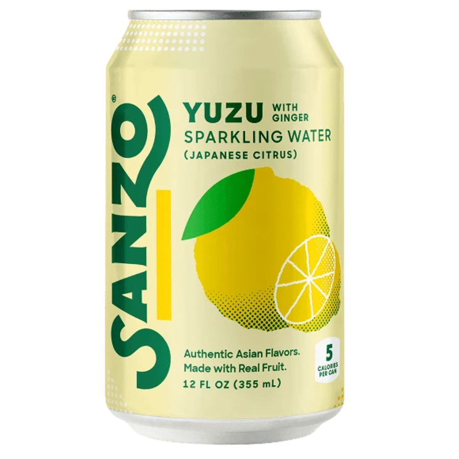 A 12 fl oz can of Sanzo Yuzu with Ginger Sparkling Water, featuring a pale yellow label with a large yellow lemon graphic and green branding text.