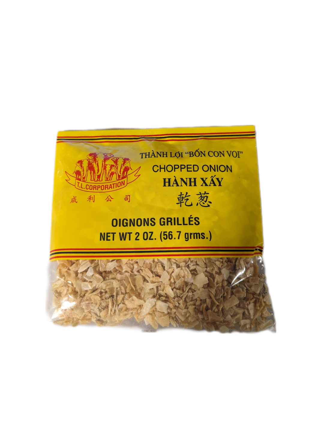 Packaged chopped onions with a yellow label on a white background