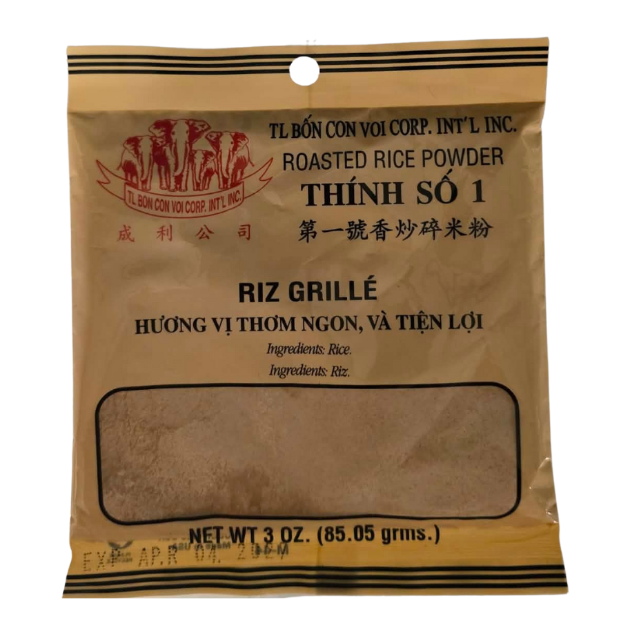 Package of roasted rice powder with text and branding on a white background