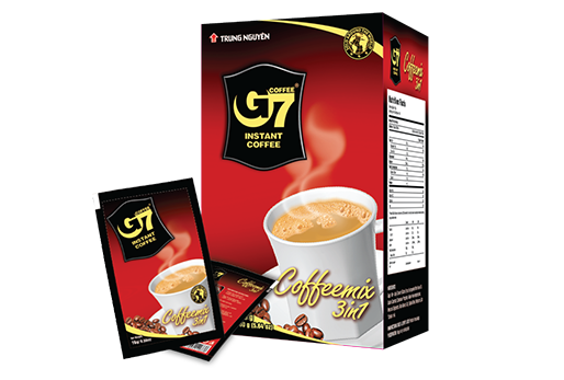 A box of G7 Instant Coffee Coffeemix 3in1 with two individual sachets displayed in front on a plain white background.