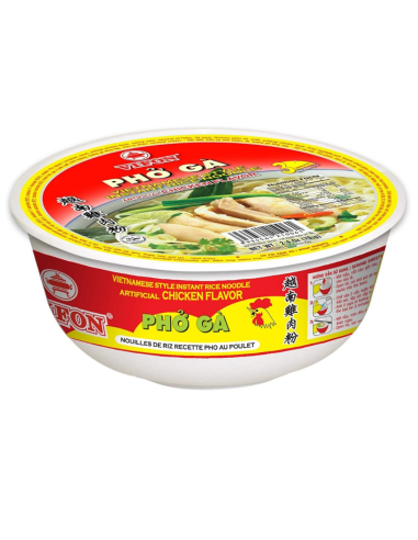 Bowl of Pho Ga noodles with a red label on a white background