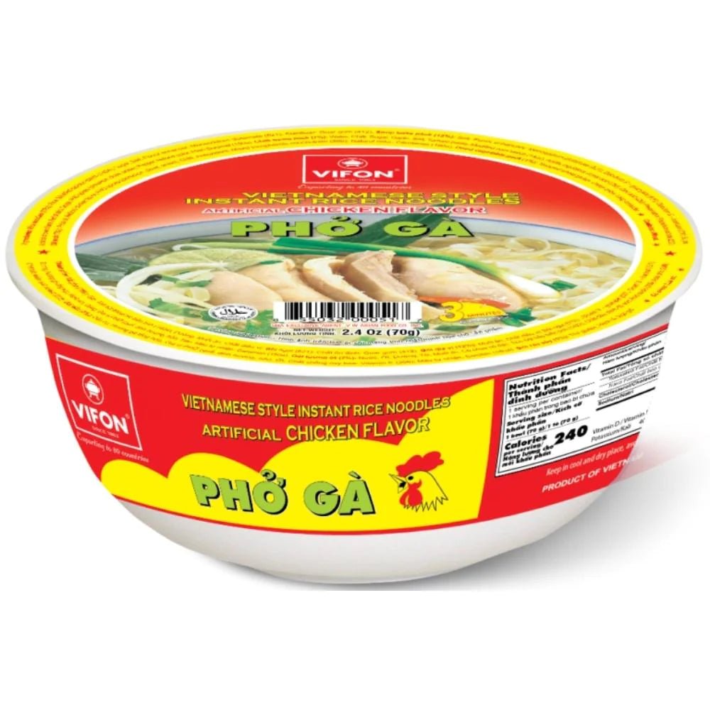 Vifon Pho Ga instant rice noodle bowl with red and yellow label on a white background