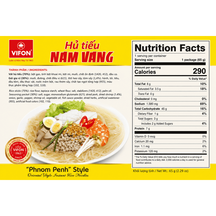 Vifon Phnom Penh Style Oriental Veggie Fried Rice Noodles package with a bright yellow background, a red and white logo, a nutrition facts panel, and a photo of prepared noodles with vegetables and shrimp.