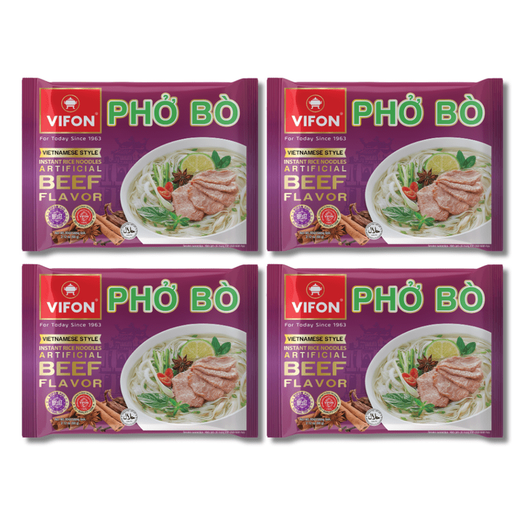Four packages of Vifon Pho Bo (Vietnamese Style Beef Flavor) arranged in a 2x2 grid on a plain white background.