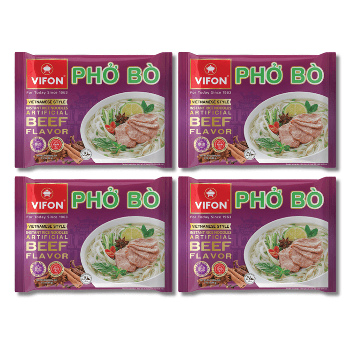 Four packages of Vifon Pho Bo (Vietnamese Style Beef Flavor) arranged in a 2x2 grid on a plain white background.
