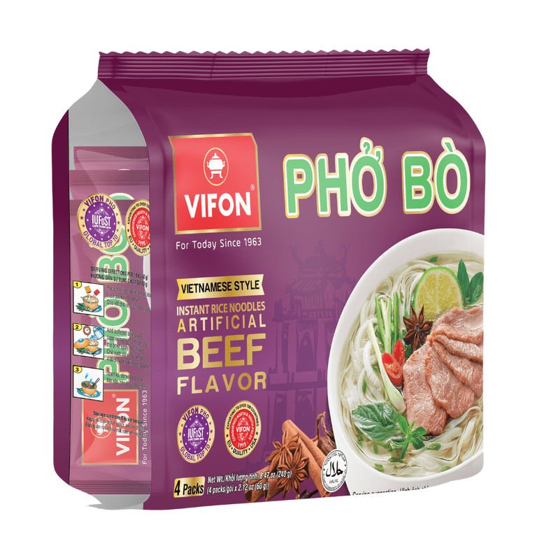 Vifon Pho Bo Beef Flavor instant rice noodles in a purple 4-pack pouch, featuring a bowl of prepared noodle soup on the front and product details on the side panel.