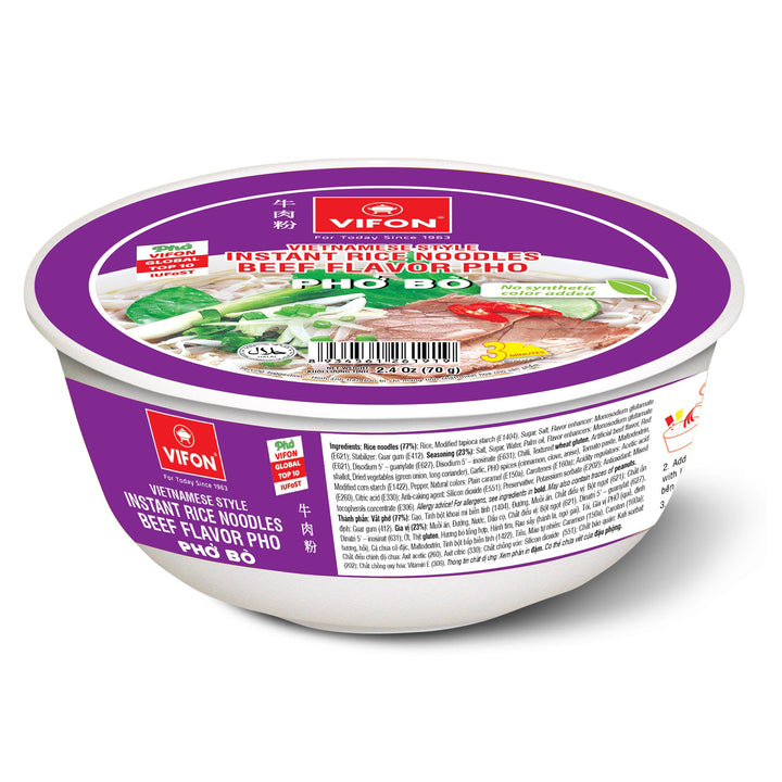 Packaging of Vifon Instant Rice Noodles Pho Bo Beef Flavour showing the product name, an image of the noodles with beef and vegetables, and halal certification.