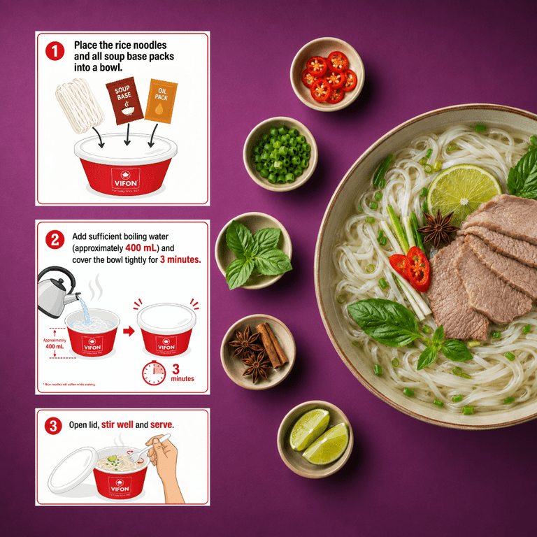 A recipe-style promotional graphic for a VION rice cooker. The left side shows three numbered instruction panels with illustrations of placing rice and noodles into a red VION bowl, adding boiling water, and serving the dish.