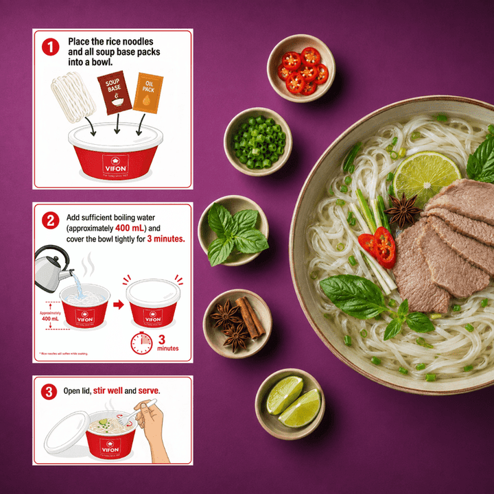 A recipe-style promotional graphic for a VION rice cooker. The left side shows three numbered instruction panels with illustrations of placing rice and noodles into a red VION bowl, adding boiling water, and serving the dish.