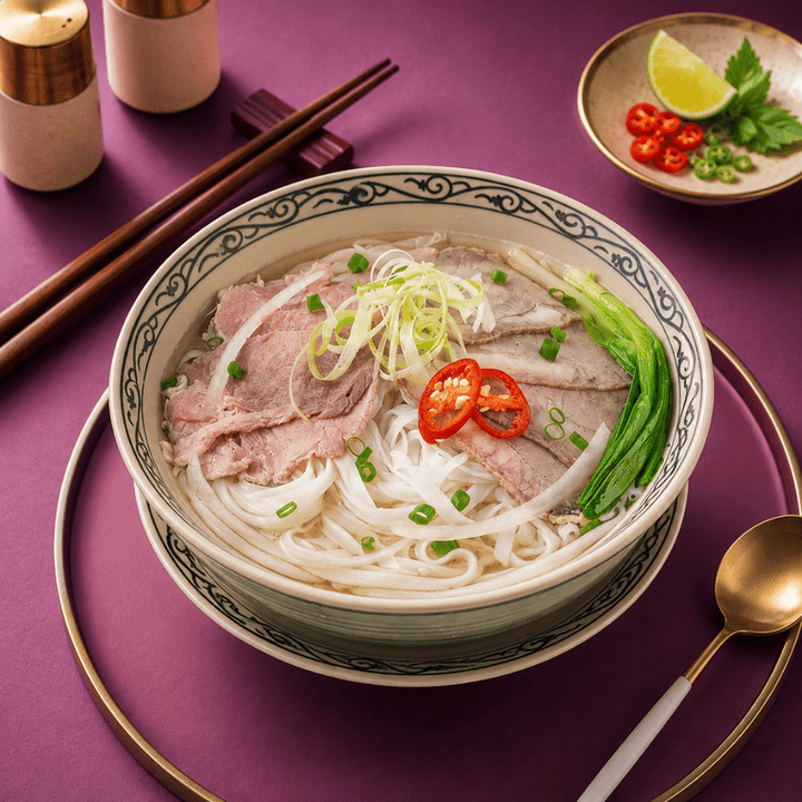 A bowl of Vietnamese pho noodle soup with sliced pork, vermicelli noodles, green onions, chili, and bok choy, presented on a purple table with chopsticks, a spoon, and a garnish dish.