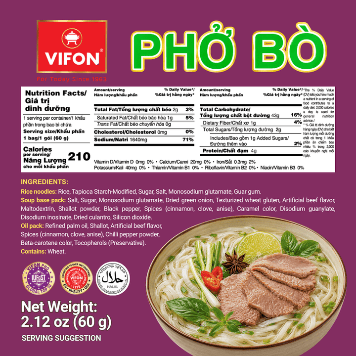 A product information card for VIFON Pho Bo, featuring a bowl of prepared pho bo with beef, noodles, herbs, and vegetables, alongside a nutrition facts label, ingredients list, and logos on a purple background.