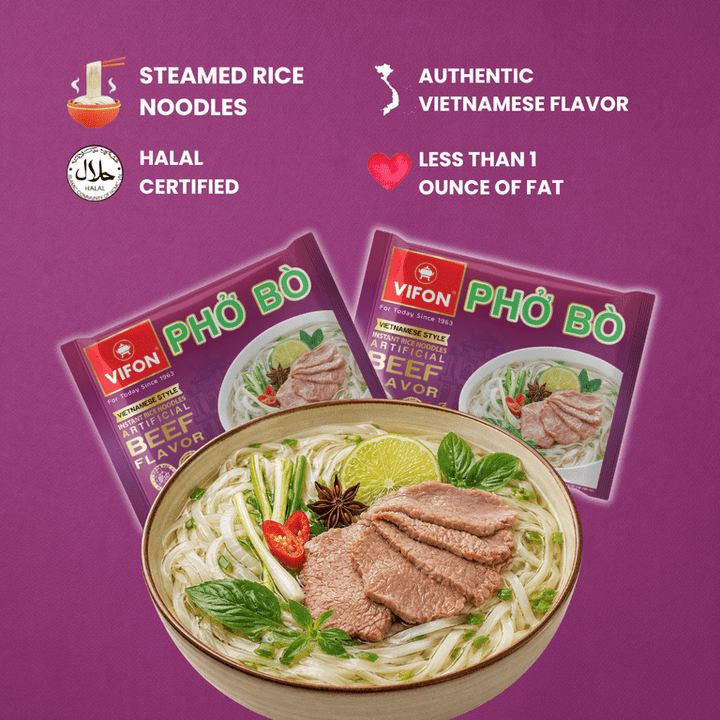 Two Vifon Pho Bo beef noodle packet packages displayed behind a bowl of prepared steamed rice noodles with sliced beef, lime, herbs, and tomatoes on a purple background. Text callouts mention steamed rice noodles, authentic Vietnamese flavor, halal certified, and less than 1 ounce of fat.