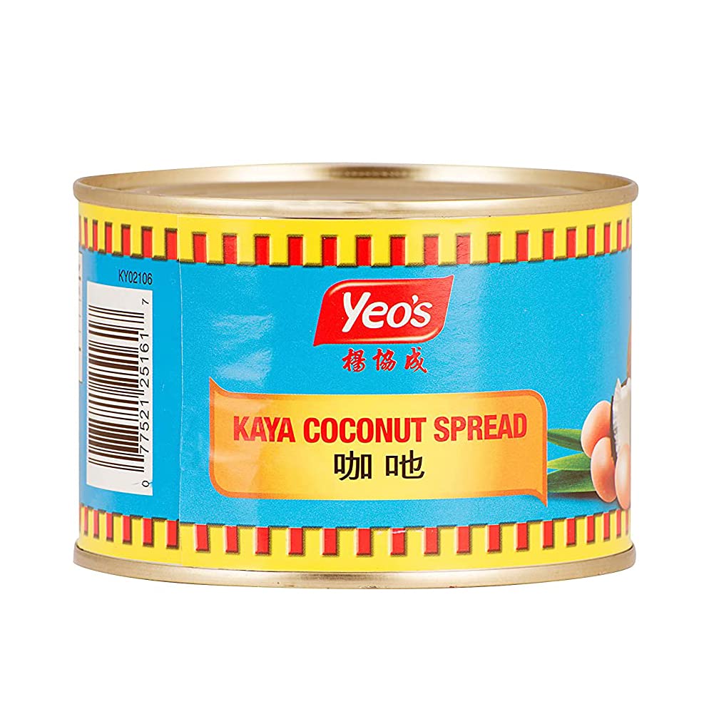 Can of Yeo's Kaya Coconut Spread with colorful label on a white background