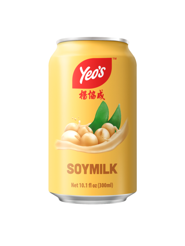 A yellow can of Yeo's Soymilk with a red brand logo, Chinese characters, and an illustration of soybeans and green leaves on a white background.