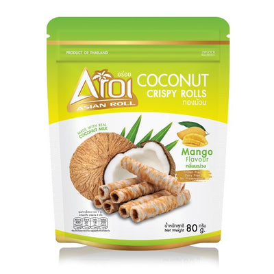 Packaging of Aroi Coconut Crispy Rolls with Mango Flavor. The package is predominantly green and yellow with images of the rolls and a coconut.