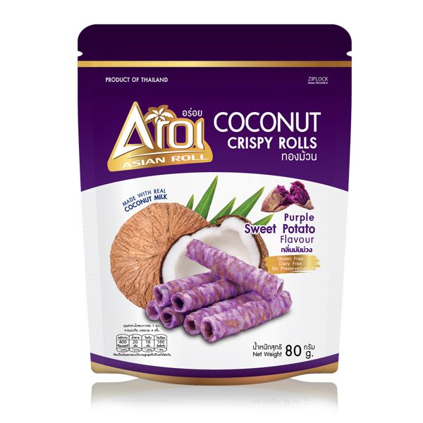 Packaging of Aioi Coconut Crispy Rolls with purple sweet potato flavor on a white background