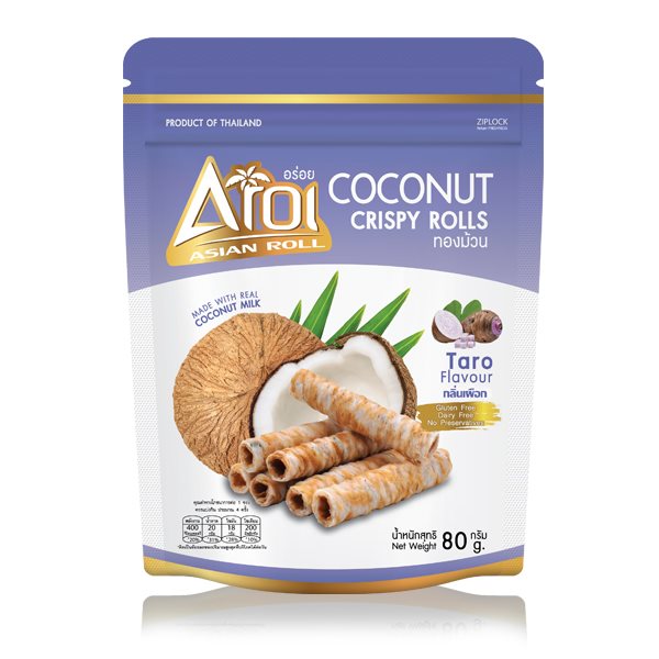Packaging of Aroi Asian Roll Coconut Crispy Rolls with Taro flavor. The package is predominantly blue with an image of the rolls and a coconut on the front.