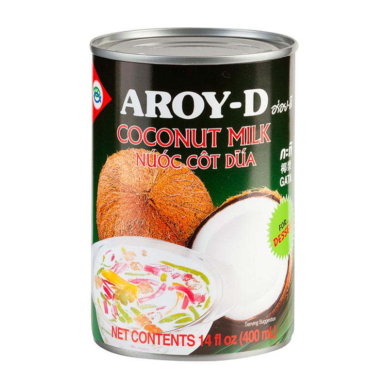 A can of Aroy-D Coconut Milk with the text 'COCONUT MILK' and 'NET CONTENTS 14 fl oz (400 ml)' visible.