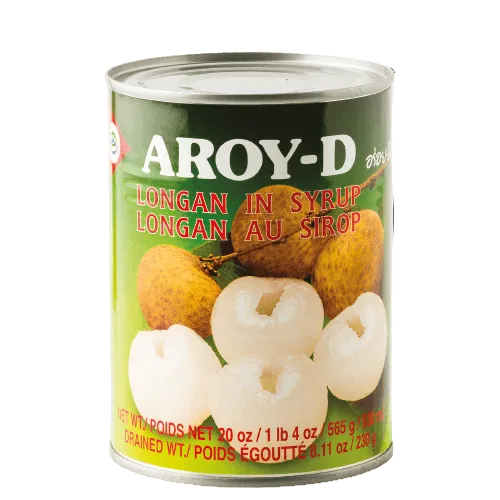A can of Aroy-D Longan in Syrup featuring images of the fruit longan, with a green and white color scheme and text indicating the product weight of 20 oz (565 grams).