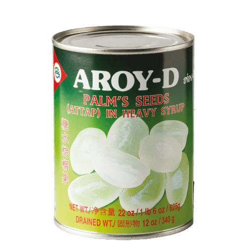 A can of Aroy-D Palm's Seeds Attap in Heavy Syrup with an image of multiple clear palm seeds in green background.