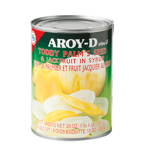 A can of Aroy-D Toddy Palm's Seed & Jackfruit in Syrup, displaying images of the fruits and the brand logo.
