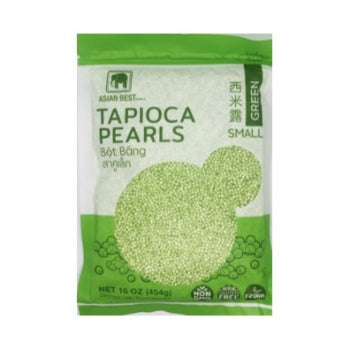 Package of Asian Best Green Tapioca Pearls, small size, with a net weight of 16 oz (454 grams). The packaging is predominantly green with an image of the tapioca pearls visible through a clear window.
