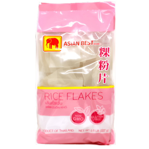Bag of rice flakes with 'Asian Best' branding on a white background