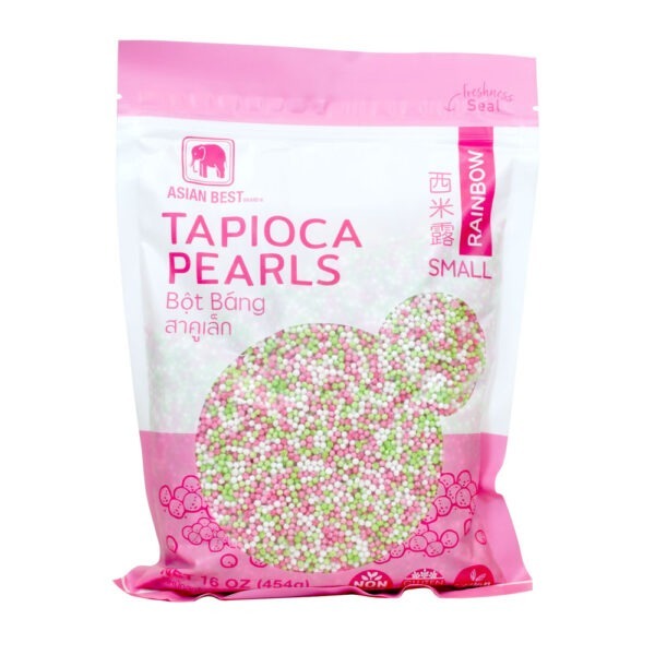 A package of Asian Best Tapioca Rainbow Pearls (Small) in a pink bag with a transparent window showing the multicolored pearls inside.