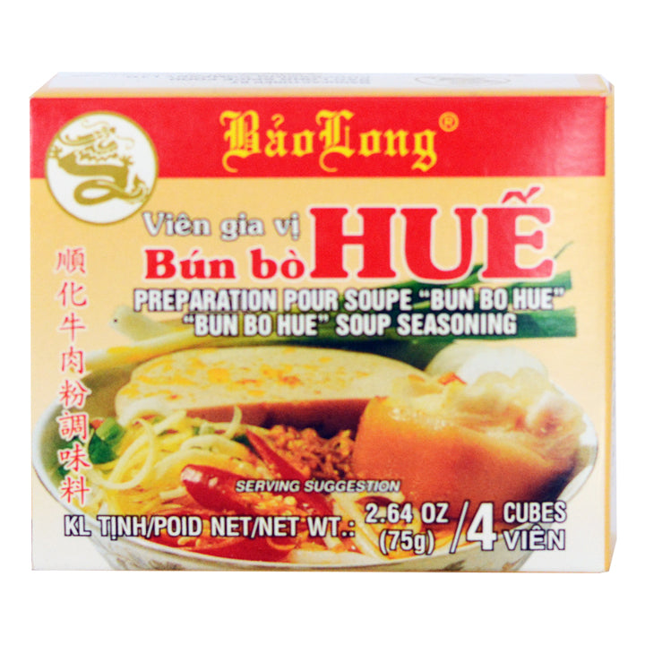 Cube Packaging of Bao Long Bun Bo Hue soup seasoning, showing an image of pork hock, vegetables in a soup bowl. 