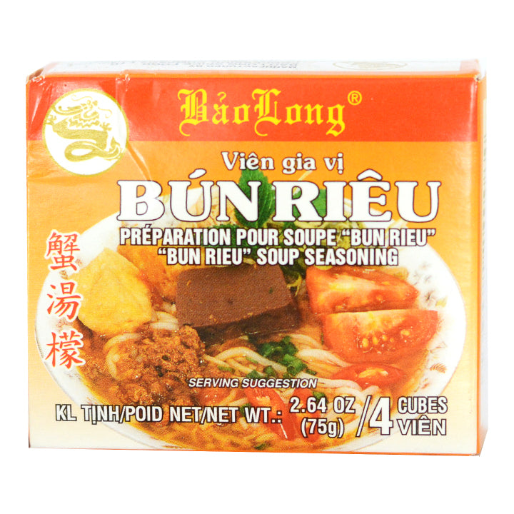 Cube package of Bao Long Bun Rieu soup seasoning, showing an image of vermicelli noodles, sliced tomatoes and chili peppers, cubed pork blood in a bowl of soup.