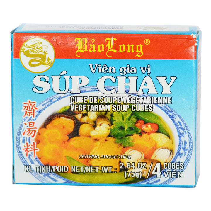 Cube size light blue packaging of Bao Long Vien Gia Vi Sup Chay Vegetarian Soup Cubes Seasoning with an image of soup bowl with vegetables.