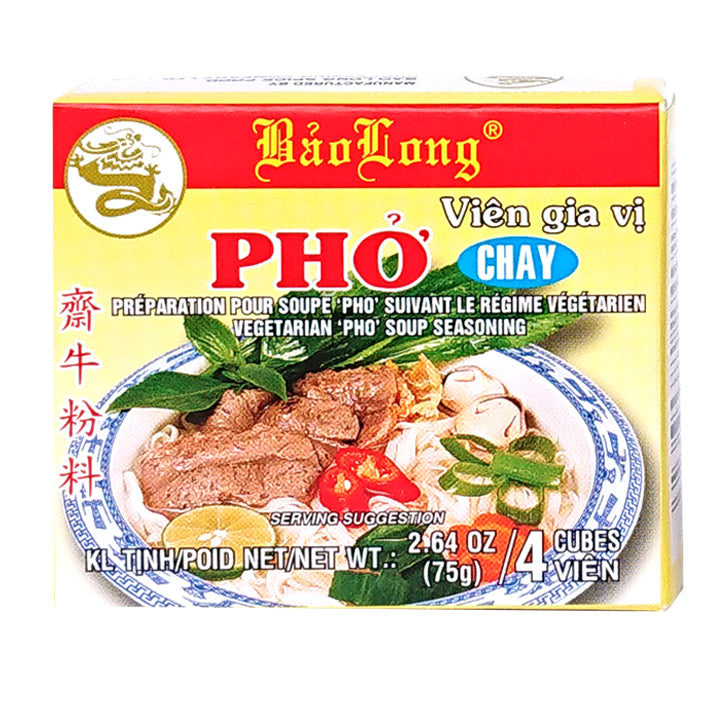 Bao Long Pho Chay seasoning package with a bowl of pho on a white background