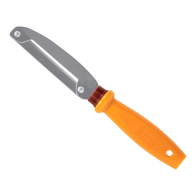 A stainless steel peeler with an orange handle and a metallic blade.