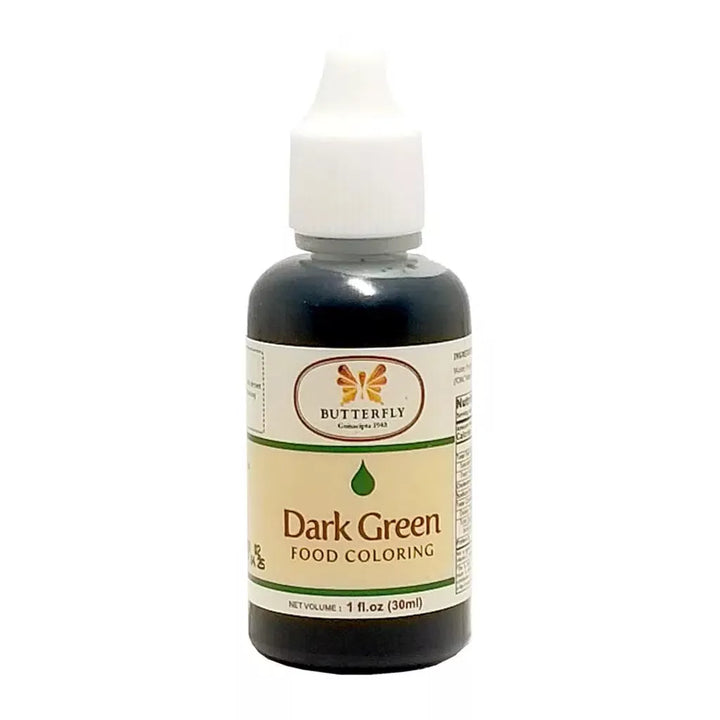 A bottle of Butterfly Dark Green Food Colouring, with a label showing the product name and a butterfly graphic.