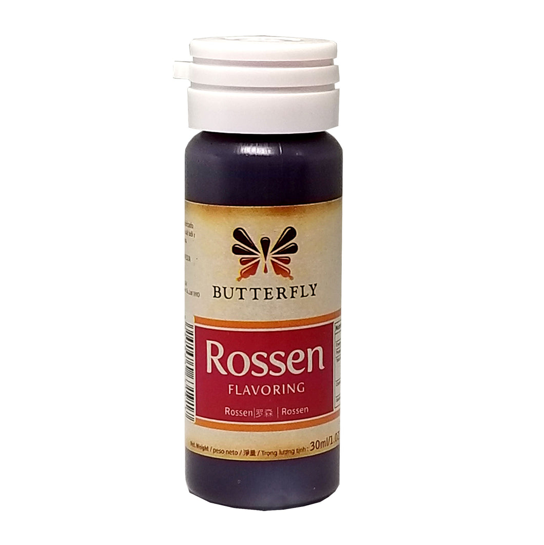 A bottle of Butterfly Rossen (Rose) Flavoring, with a white cap and a label that includes the brand name and the flavoring ingredient.