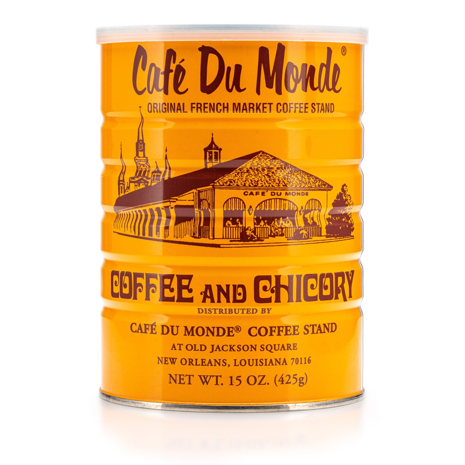A can of Cafe Du Monde Coffee and Chicory, with branding and historical building illustration.