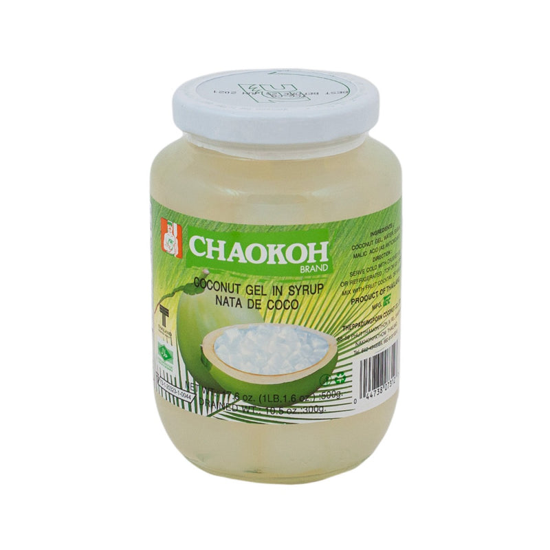 A glass jar of Chaokoh Coconut Gel in Syrup with a green label, displaying the product name and an image of a coconut.