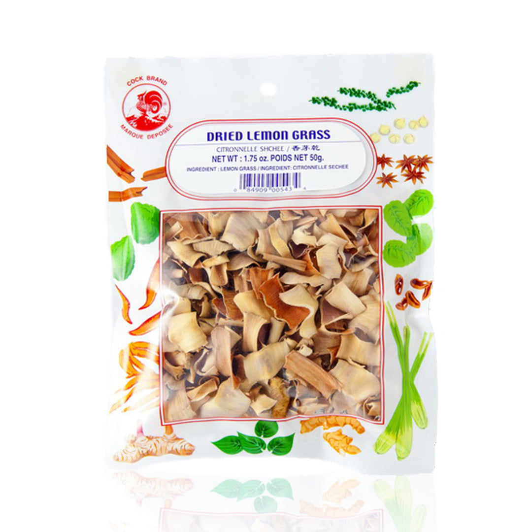 Packaged dried lemon grass in a clear plastic bag with a white label featuring green and red text, and an illustration of lemon grass.