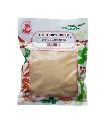 Packaged Lemon Grass Powder in a clear plastic bag with a label that includes the product name, weight, and an illustration of lemongrass.