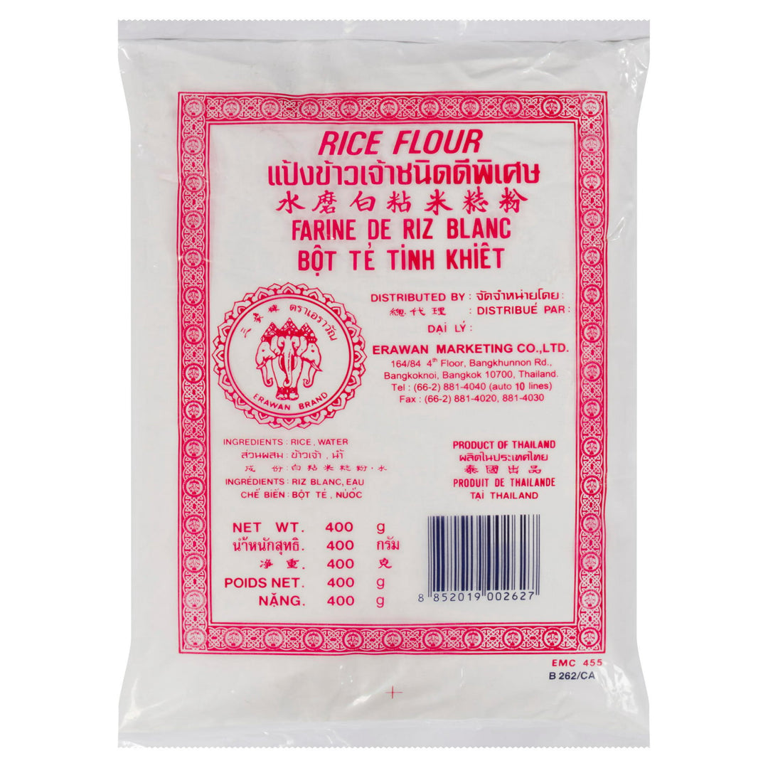 Packaging of Erawan Brand Rice Flour, showing product name, weight, and distribution information.