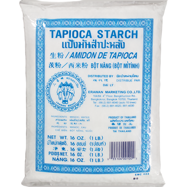 A plastic package of Erawan Tapioca Starch with product information and branding visible.