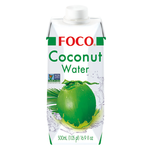A paper carton of Foco Coconut Water with a green coconut graphic and water droplets around. The packaging is predominantly white with green accents, and it indicates the product is 500 ml.