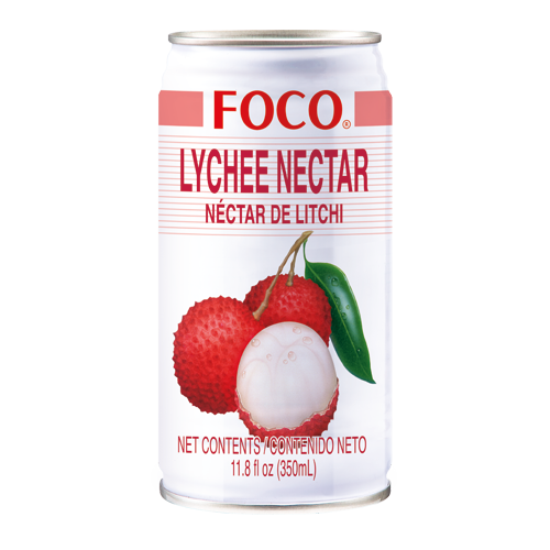 A can of Foco Lychee Nectar with a picture of a lychee and a green leaf on the label, indicating the flavor and origin of the product.