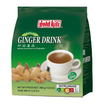 Gold Kili Ginger Drink package with a cup of ginger drink and ginger roots on a white background