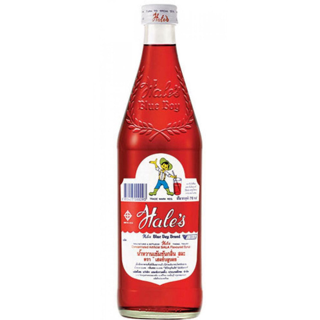 A bottle of Hale's Blue Boy Sala Cider Flavored Syrup with a red label and a depiction of a blue apple on it. The syrup is presented in a clear glass bottle with visible branding and labeling.