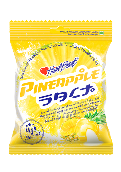 HartBeat Pineapple salt candy packaging featuring pineapple visuals, highlighting Vitamin C powder filling and high Vitamin C content