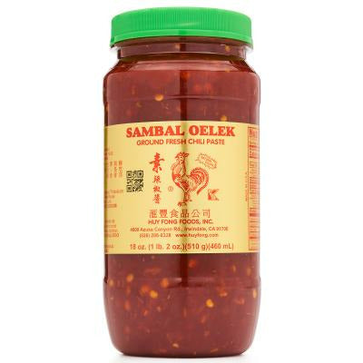 A jar of Huy Fong Sambal Oelek Ground Fresh Chili Paste with a green lid and a label displaying the product name and weight.