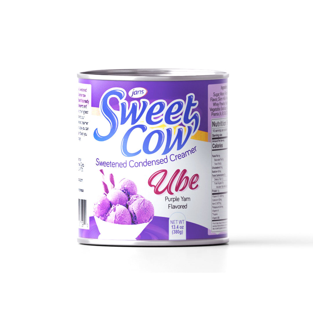 13.4 oz can of Jans Sweet Cow Sweetened Condensed Ube Creamer, with an image of purple ice cream in white bowl.