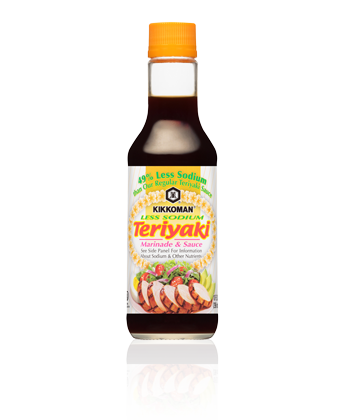 Kikkoman Less Sodium Teriyaki Marinade & Sauce in a 10 oz bottle with an orange cap, offering 49% less sodium than regular teriyaki.