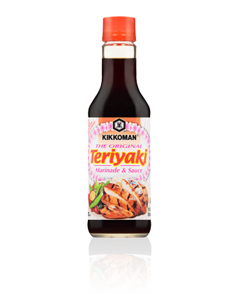 Kikkoman Original Teriyaki Marinade & Sauce in a glass bottle with a red cap, featuring a flavorful blend for grilling and stir-frying.